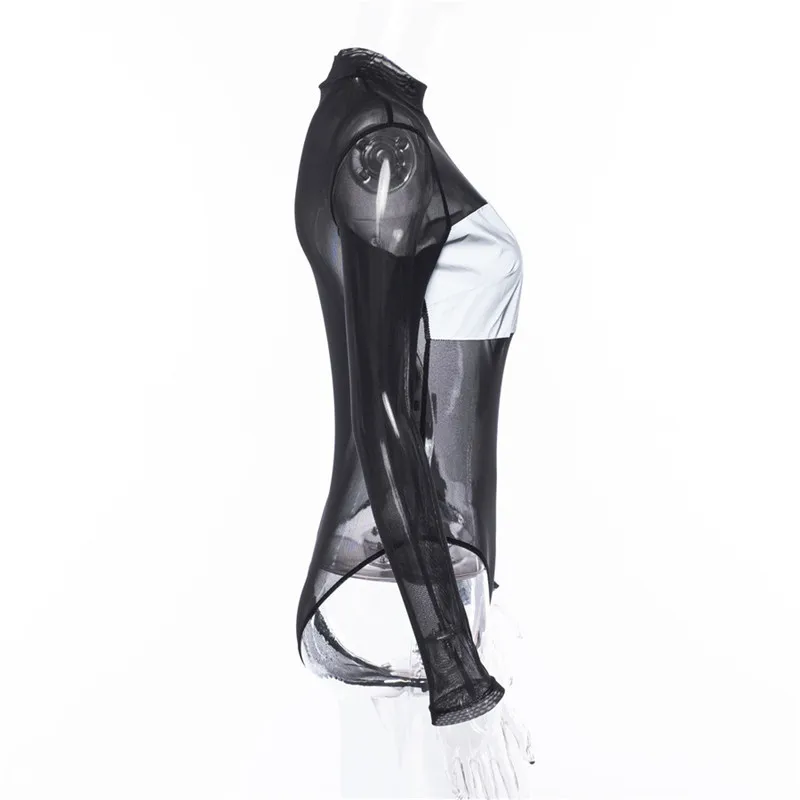 FCCEXIO женские модные Светоотражающие Лоскутные боди 2019 новые с длинным рукавом сексуальные прозрачные женские Узкие повседневные