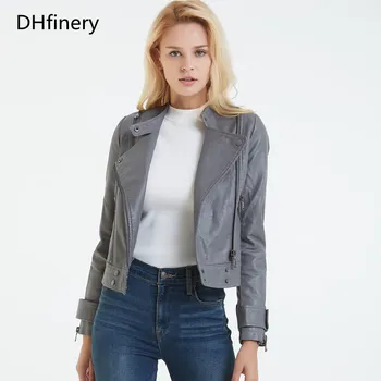 

DHfinery Leather Jacket Women 2019 spring and autumn Stand collar short section slim motorcycle jacket P47