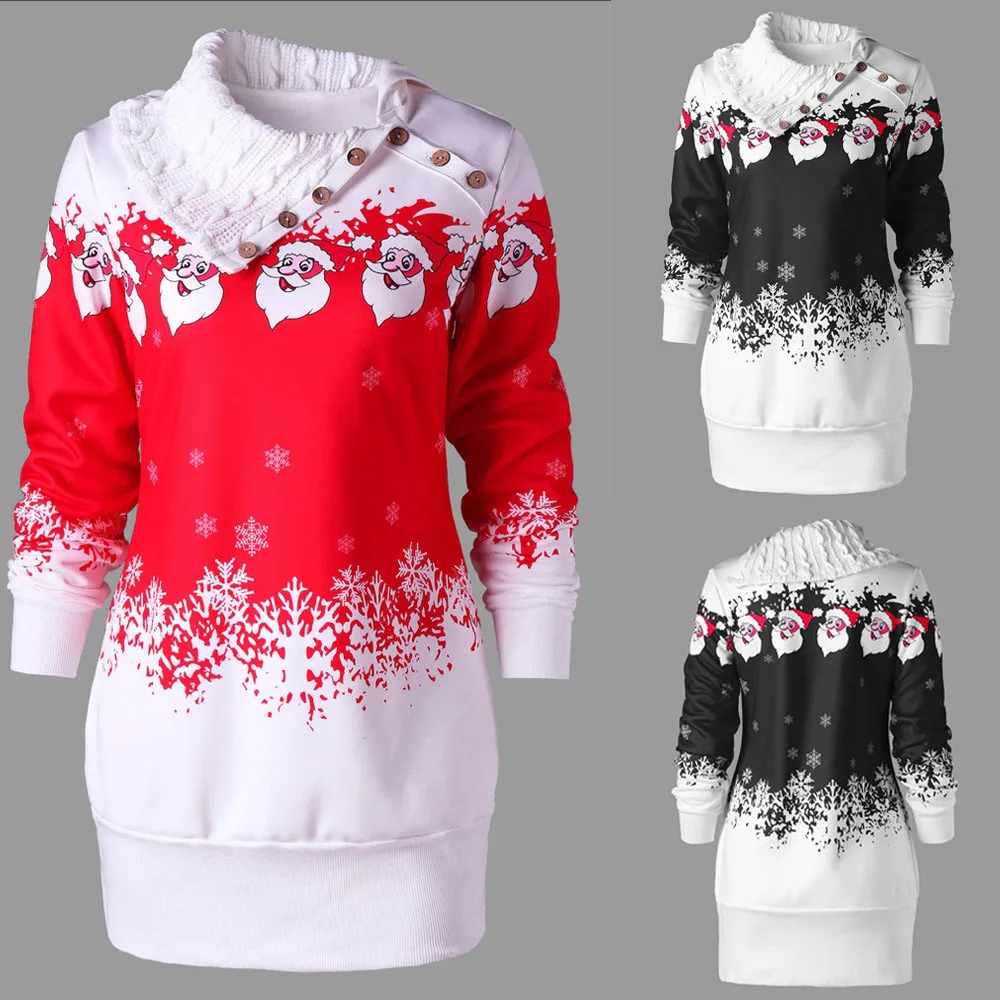 Winter 2019 Skew Collar Women Plus Size Santa Claus Print Merry Christmas Sweatshirt Blouse Shirt Tops 