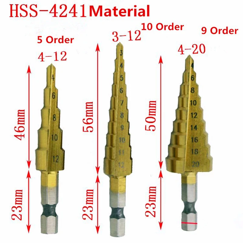 QUK Step Drill Bits Set 3-12mm 4-12mm 4-20mm 3pcsset Titanium HSS High Speed Wood Metal Drilling Power Tool Accessories7