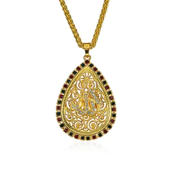 

middle East style Arab Muslim Islamic religion Ethnic 75*45mm colorful rhinestone gold color totem Allah pendant necklace NK0229