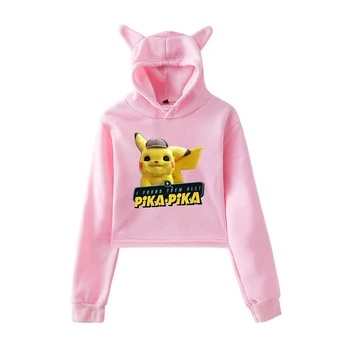 

Pokemon Hoodies Sweatshirt Women Harajuku Detective Pikachu Hoodie Korean Style Women Sexy Cat Crop Top Women Ropa Al Por Mayor