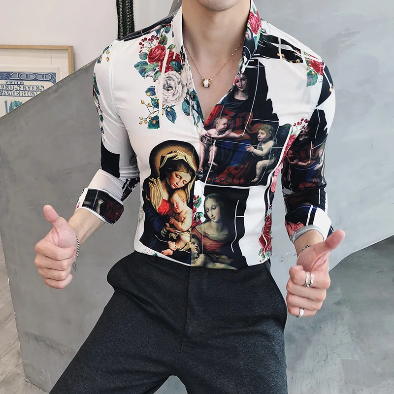 Мужская рубашка с длинным рукавом Camisa Masculina Chemise черно-белая принтом для