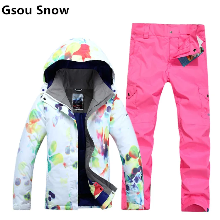 Новое поступление gsou Снежный женский лыжный костюм женский лыжный набор белый фон чернила и стирка живопись серия куртка и розовые штаны - Цвет: as shown