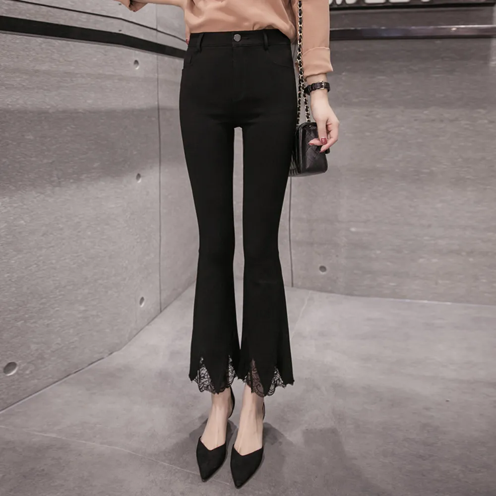 Micro bell pants female 2019 spring casual new lace stitching flare pants high waist was thin black elastic Flare pants Micro bell pants female 2019 spring casual new lace stitching flare pants high waist was thin black elastic Flare pants