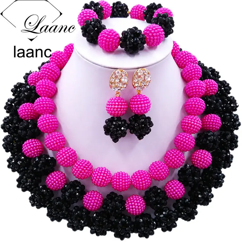 

Laanc Latest African Jewelry Set Black Crystal and Hot Pink Simulated Pearl Nigerian Wedding Beads Necklace and Earrings J3PC007