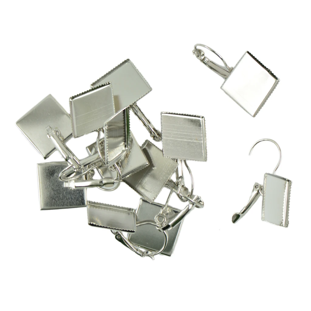 12pcs Earring Wire Hook 16mm Blank Square Bezel Cabochon Setting Silver
