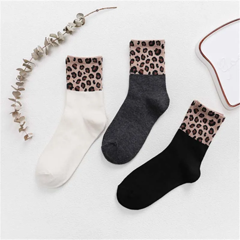 Зимние женские носки с леопардовым принтом; смешанные носки в стиле Харадзюку; модные теплые хлопковые повседневные Мягкие носки с леопардовым принтом