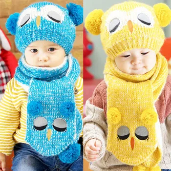 

Baby Winter Hats and Scarf Set Children Girls Boys Kids Owl Hat with Scarf Set Cotton Warm Knitted Winter Hat for Baby Cap