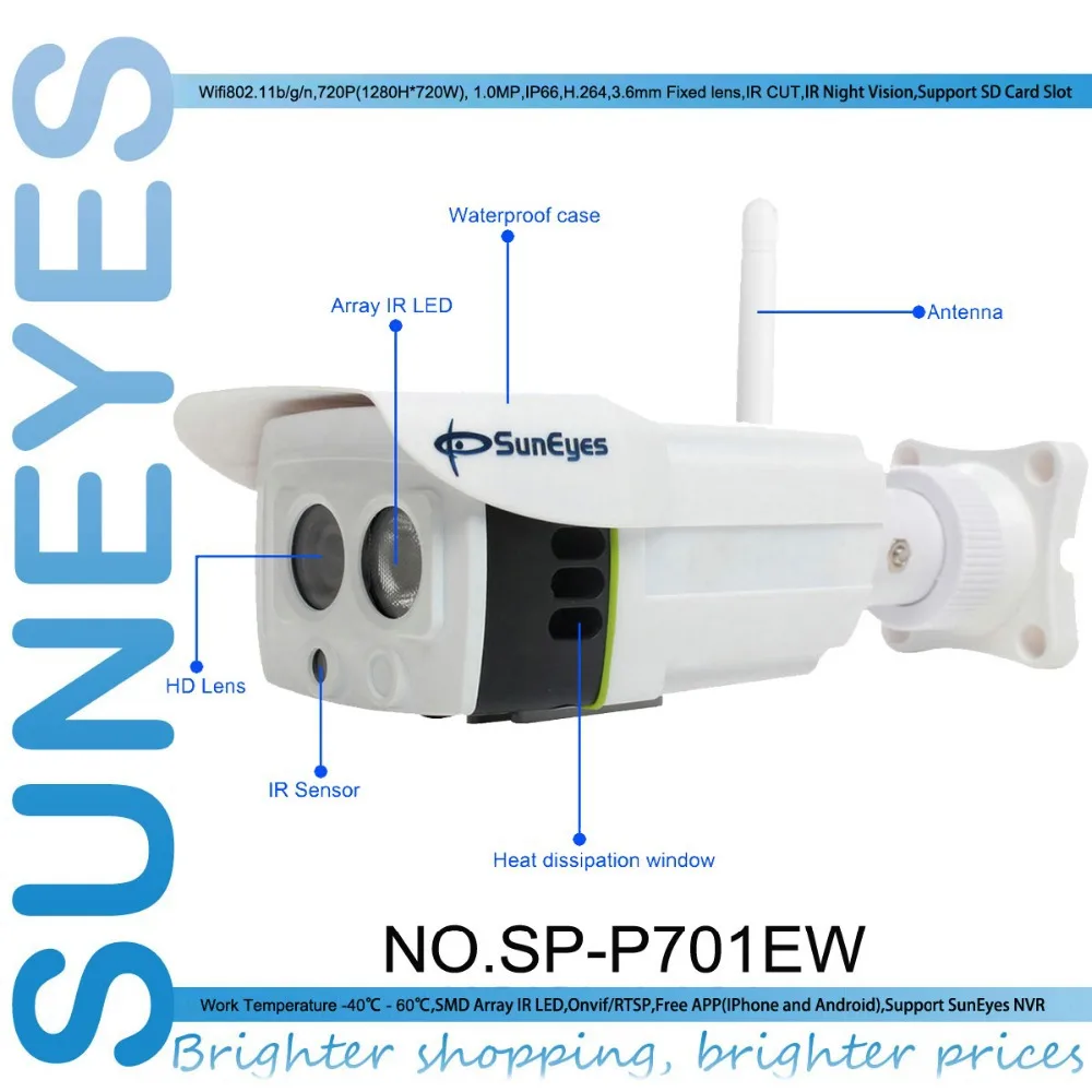 SunEyes SP-P701EW ONVIF Wireless IP Camera Outdoor 720P Waterproof IP66 Wifi Network HD CCTV Camera P2P with Micro SD Slot