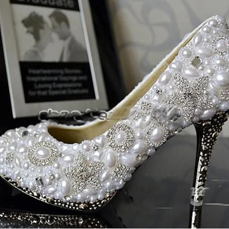 Handmade White 10cm Heel Wedding Dress Shoes Sparkling Rhienstone Bridal Shoes Dancing Party Prom Shoes Evening Dress Shoe