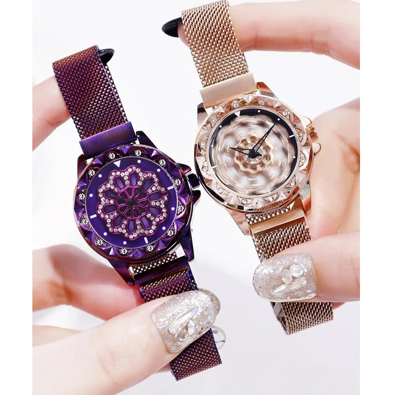 

360 Degree Rotation Women Watch Mesh Magnet Starry Sky Ladies Watch Luxury Fashion Geometric Quartz Watch Relogio Feminino