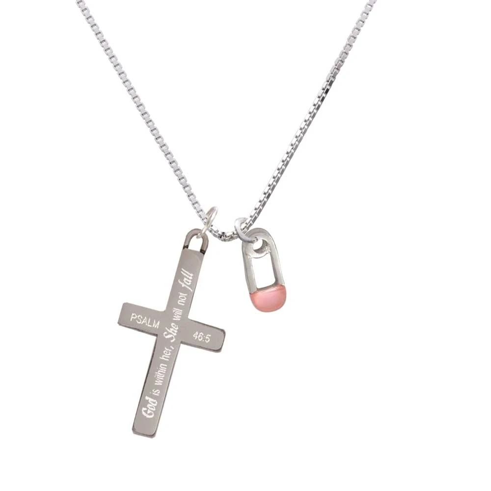 2-Sided Pink Baby Safety Pin - She will not Fall - Cross Necklace