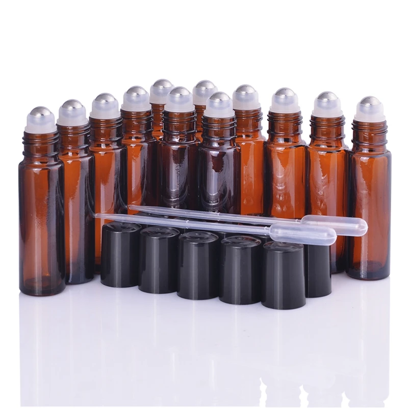 

MUB - 28pcs/lot 10ml Empty Amber Glass Essential Oil Refillable Bottle Vials With Stainless Steel Roller Ball For Perfume Bottle