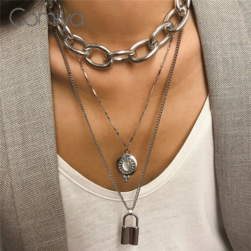 

Comiya Necklaces For Women Zinc Alloy Multi Layers Accessories Long Links Chains Opal Mosaic Lock Pendant Necklace Mujer Collier