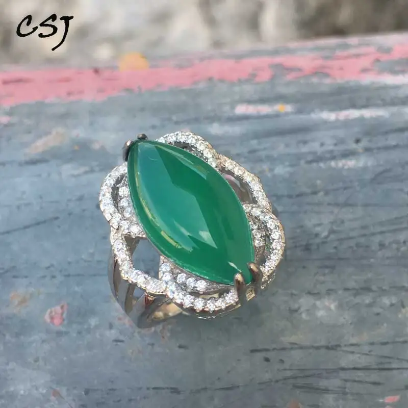 

CSJ Natural Green Agate Rings 925 Sterling Silver Mq10*20 mm Fine Jewelry Party Wedding Bands for Women Femme Girl Gift