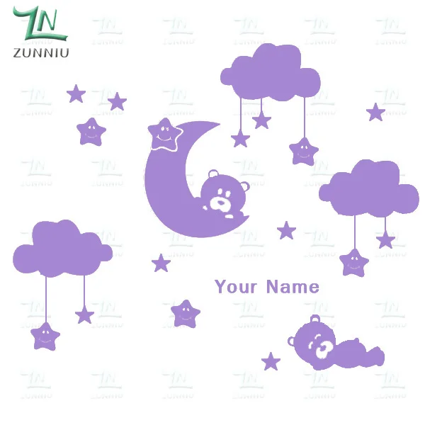 W238 луна и звезды виниловые наклейки для детской комнате персонализированные имя Симпатичные Улыбаясь звезды с белыми облаками детская комната декор - Цвет: Hydrangea Purple