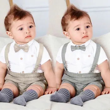 

Summer Boys clothes set Gentleman Bowtie O-neck Short Sleeves Shirt+Suspenders Shorts Set for Baby Boys Child kids A1