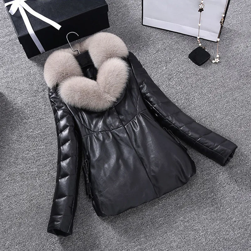 

2017 New women winter jacket warm down feather True fox fur collars female coat sheepskin leather parket plus size PC002