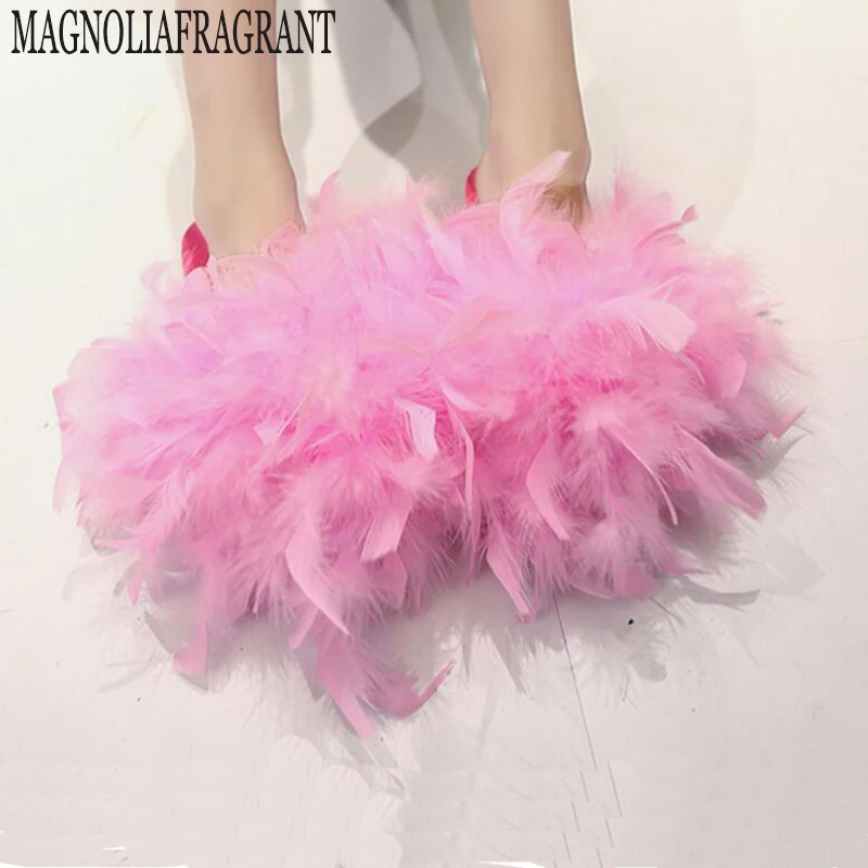 

2017 new sale Fur Flip Flops Women Sweet Platform Wedges Sandals Ostrich Feathers Slippers Summer Platform Thongs Beach Slippers