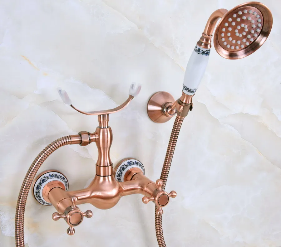 

Antique Red Copper Brass Double Cross Handles Wall Mounted Bathroom Clawfoot Bathtub Tub Faucet Mixer Tap w/Hand Shower ana342