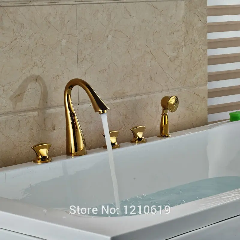 

Newly Gold Plate 5Pcs Bathtub Faucet Basin Mixer Tap Deck Mount Luxury Shower Tub Faucet w/ Hand Shower