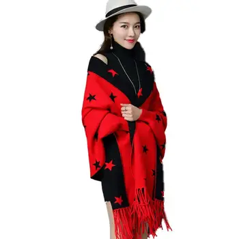 

2019 Autumn Winter Women Jacquard Tassel Knitted Open Stitch Wrap Poncho Female Korean Style Loose Tricot Scarf Capes Coat K158