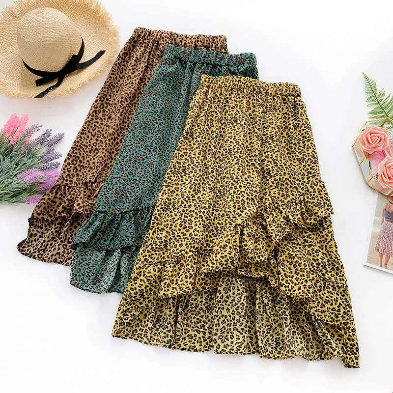 

New Summer Vintage Leopard Print Long Skirts Womens Irregular High Waist Ruffle Midi Skirt Chiffon Pleated Casual Maxi Skirt
