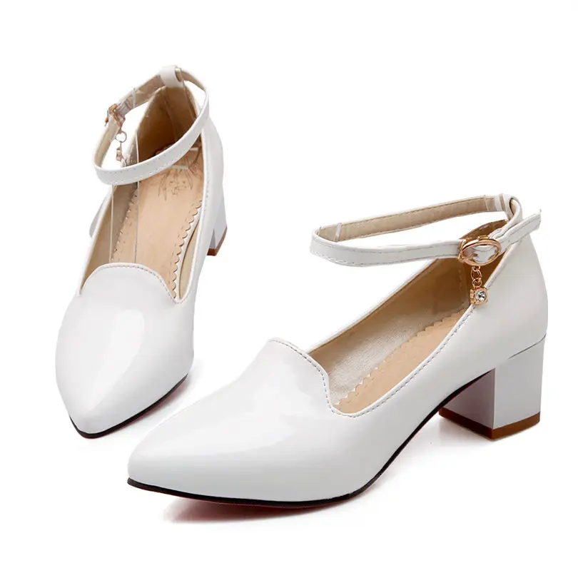 Plus Large Size Spring Casual Women Pumps Low Medium Block Heel Patent Leather Office Party Wedding Ankle Strap Red Ladies Shoes