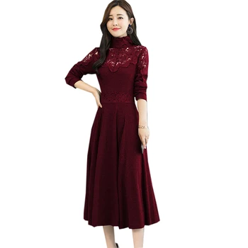 

2019 Spring Turtleneck Lace Dresses Knitted Long Sleeve A-line Women Dress Long Sleeve Big Swing Ladies Elegant Dresses YP2266
