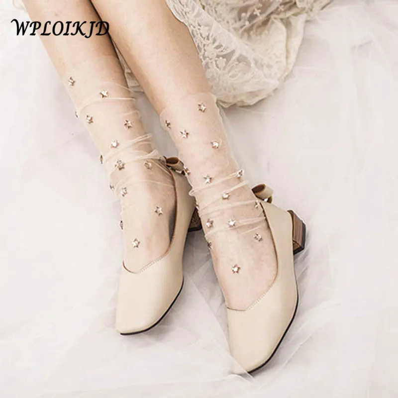 

[WPLOIKJD]Japan Socks Handmade Shining Stars Ultra-thin Women Shiny Transparent Mesh Socks Colorful Heap Heap Elegant Femme Sox