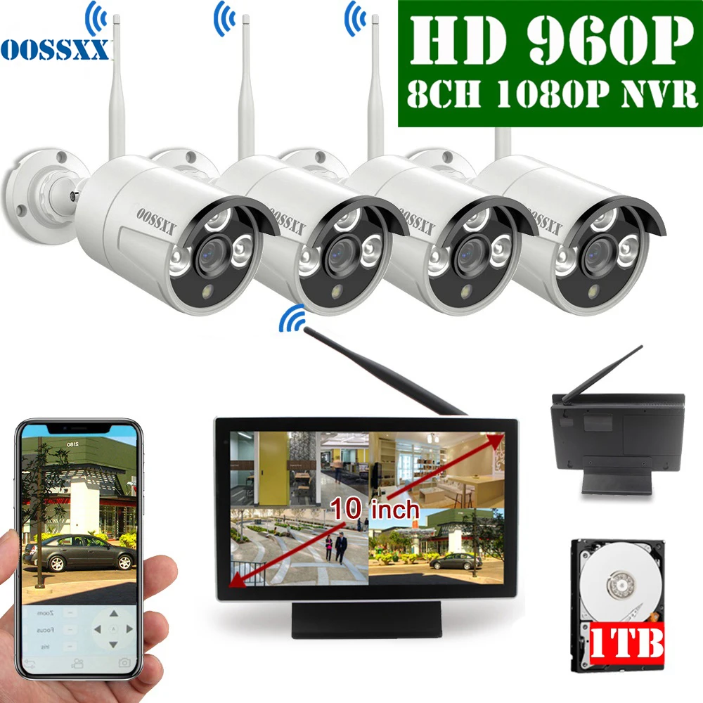 OOSSXX 8CH 1080P Wireless NVR Kit 10' Monitor Wireless CCTV 4pcs 960P Indoor Outdoor IP Camera Video Surveillance System