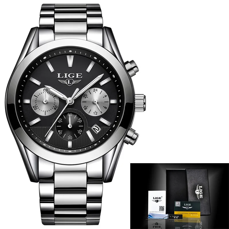 Montre Homme Часы мужские люксовый бренд LIGE Хронограф Мужские спортивные часы водонепроницаемые полностью Стальные кварцевые мужские часы Relogio Masculino - Цвет: steel silver black