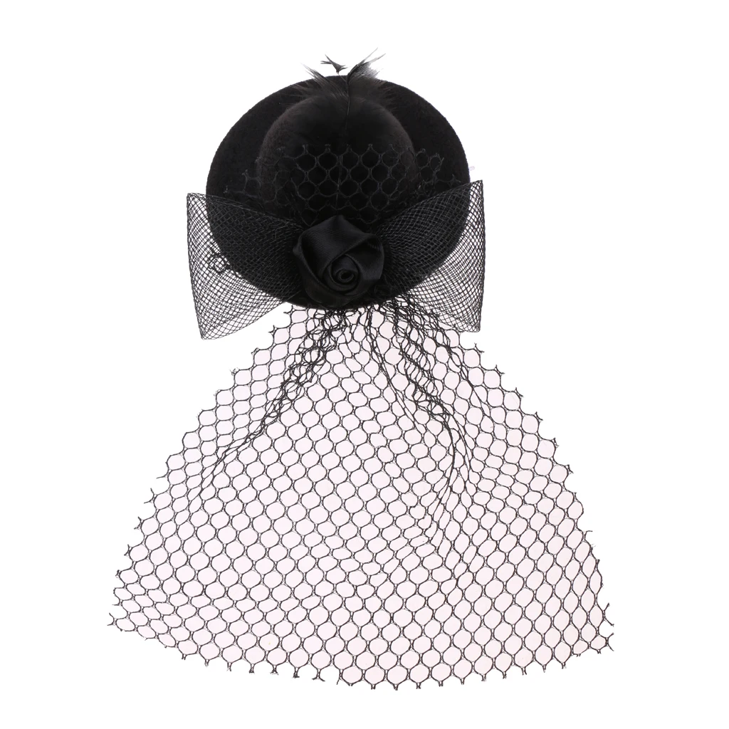 Black Elegant Dolls Hat Modern Lady Doll Cloth Accesories Vintage Bowler Doll Hat with Bow Lace Feather for 28-30cm Doll