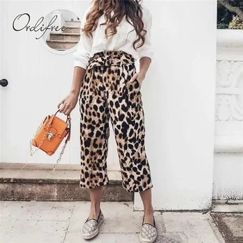 

Ordifree 2019 Summer Streetwear Women Wide Leg Pants High Waist Palazzo Pants Belted Elegant Lady Leopard Print Casual Pants