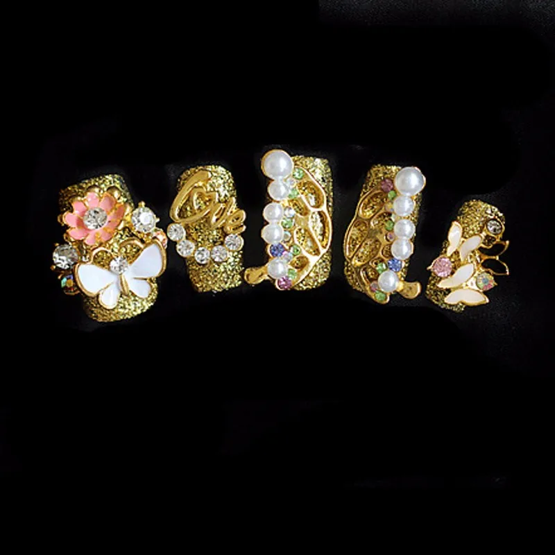 3D Роскошные золотые бабочки металлические поддельные накладные ногти Длинные Красивые Nep Nagels искусственные полностью покрывающие Стразы Unha украшения для ногтей