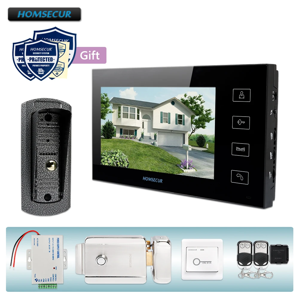 HOMSECUR " проводной видео домофон безопасности домофон с металлической чехол Камера+ Электрический замок+ кнопка выхода TC041+ TM704-B