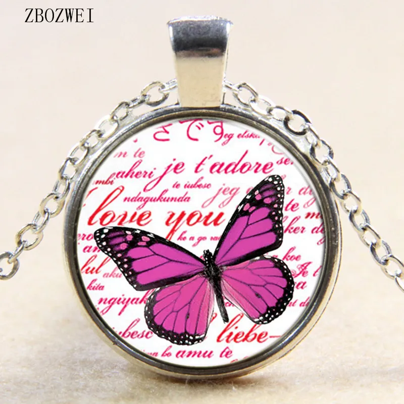 

2018/ new hot rose red butterfly pattern glass pendant necklace for men and women clothing accessories necklace jewelry