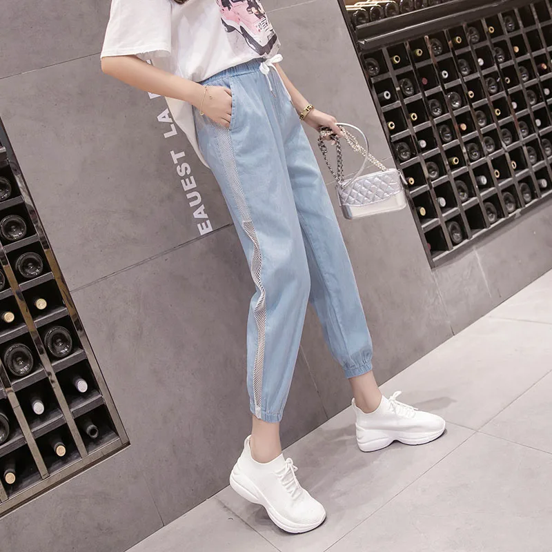 2018 Autumn Joggers Women Silver Striped Sweatpants Ankle