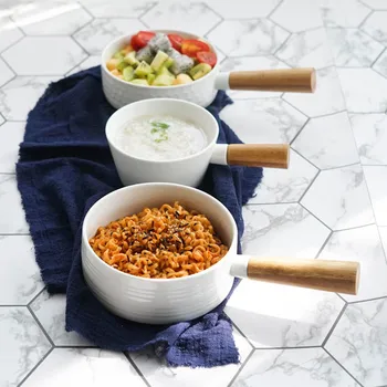 

Simple personality anti-scalding large sized instant soup noodle bowl Japanese ceramic wood handle household salad snack dish
