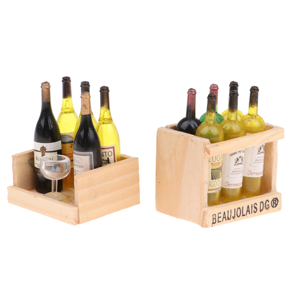 2 Set Miniature Beer Wine Drink Bottles Goblet Cup With Magnet Wooden Storage Box 1/12 Dollhouse Kitchen Life Scenes Decoration