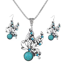 Fashion Turquoise Drop Dangle Jewelry Set Retro Crystal Silver Plated Butterfly Earrings, Pendant Necklace for Woman faux turquoise cow engraved jewelry set