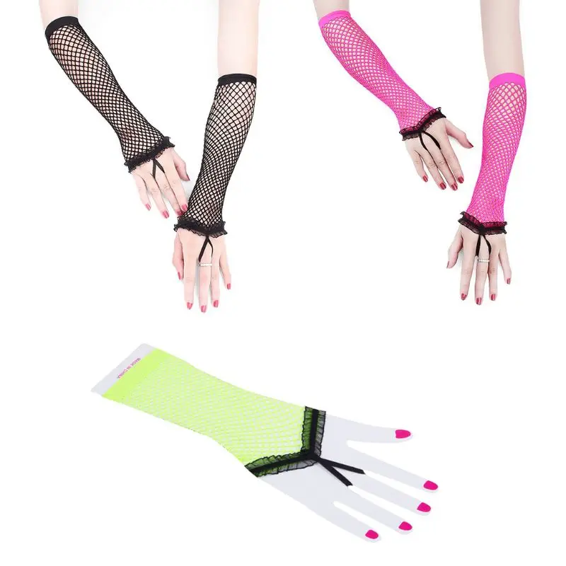 Women Hollow Punk Elbow Long Fingerless Gloves Contrast Color