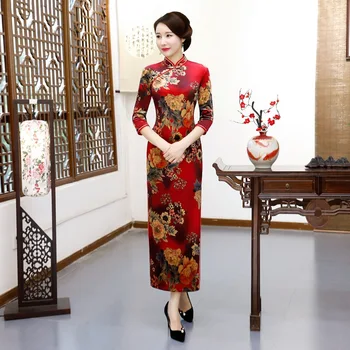 

Classic Lady Autumn Winter New Velvet Long Qipao Sexy Slim High Split Cheongsam Mandarin Collar Chinese Style Women Dressing