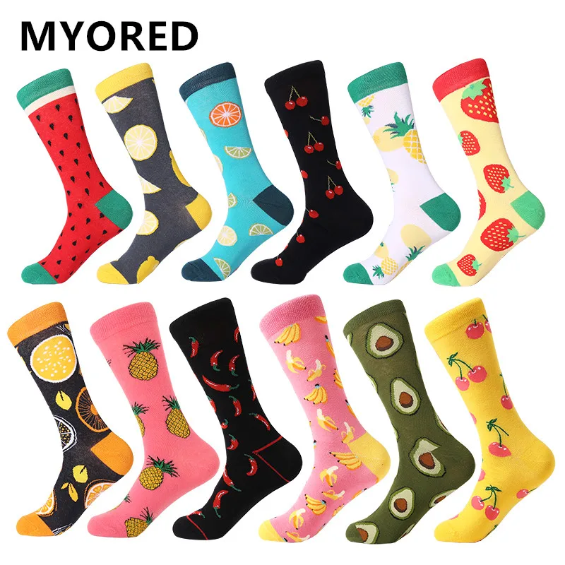 

MYORED 12pairs/Lot Casual Men Socks Plaid Colorful fruit cartoon animal dot stripes happy Business Party Dress Cotton Socks Man
