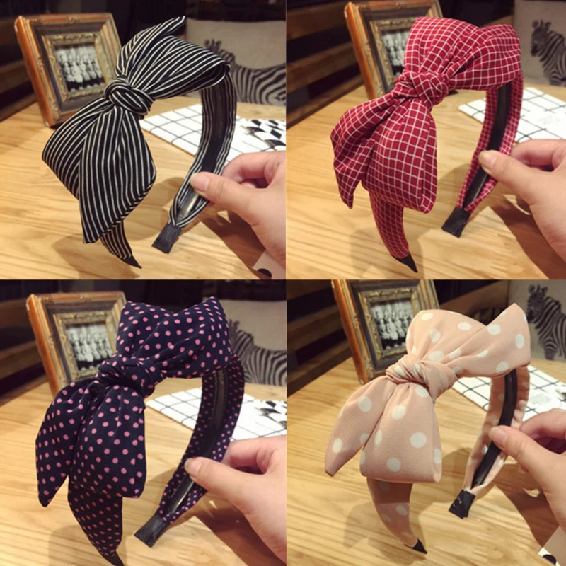

Hot Sale Fabric Sweet Hair Bands Charm Cute Big Ribbon Bow Multi-Color Striped Lattice Dot Wide Headband