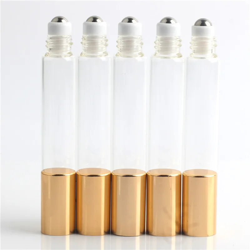 

10ml 5 pieces Hot Selling Claer Glass Roller Bottle For Essential Oils With Gold Silver Black Color Cap 10CC Roll-on Bottles