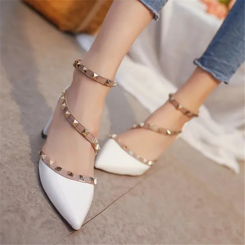 

Rivet sandalia shoes women sexy pointed toe Solid color Buckle Strap square heel 6cm dress party banquent casual sandals women