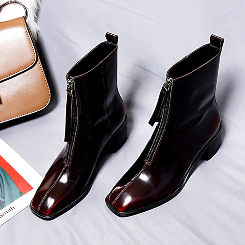 

Women Winter Snow Boots Genuine leather Ankle short high heel round toe slipon women's sexy waterproof summer boots 2019 shoes