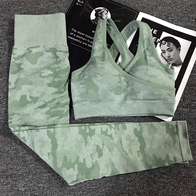 US $10.79 2PCS Camouflage Camo Yoga Set Sports Wear For Women Gym Fitness Clothing Booty Yoga Leggings + Spor